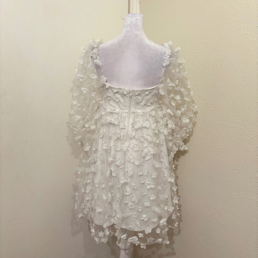 Storia White 3D Floral Mesh Mini Dress Puff Sleeve Bridal Cottage Babydoll S - Picture 2 of 4